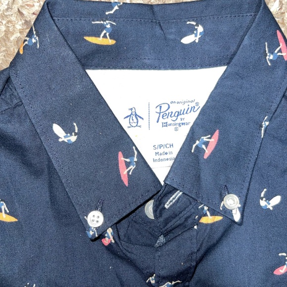 Penguin Men's Small All Over Surfer Graphic Print Short Sleeve Button Down Shirt - Picture 7 of 10